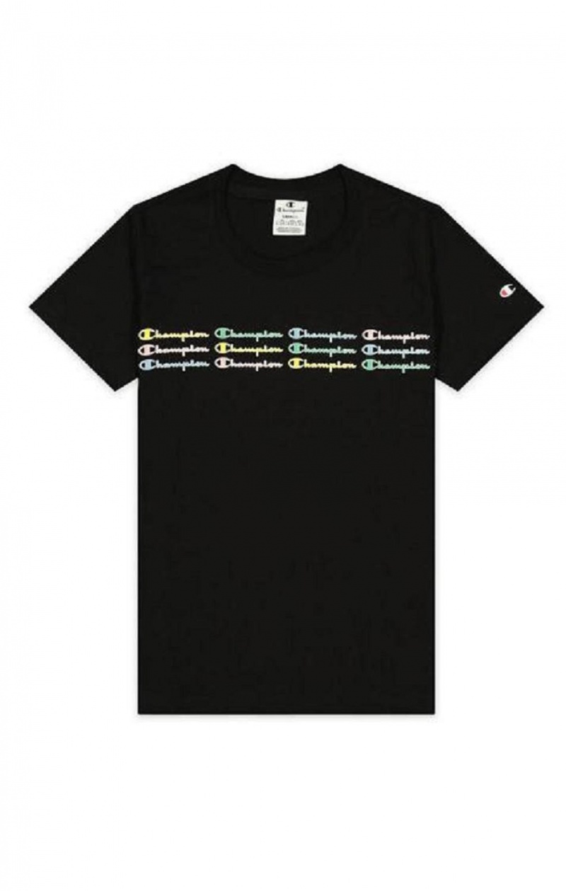 Champion Rainbow Script Logo Print T-Shirt T-shirt Dam Svarta | 9601-UEQRJ