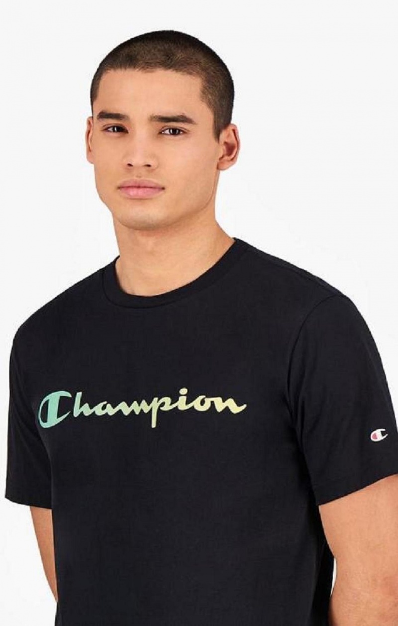 Champion Rainbow Script Logo T-Shirt T-shirt Herr Svarta | 3921-IQZXK