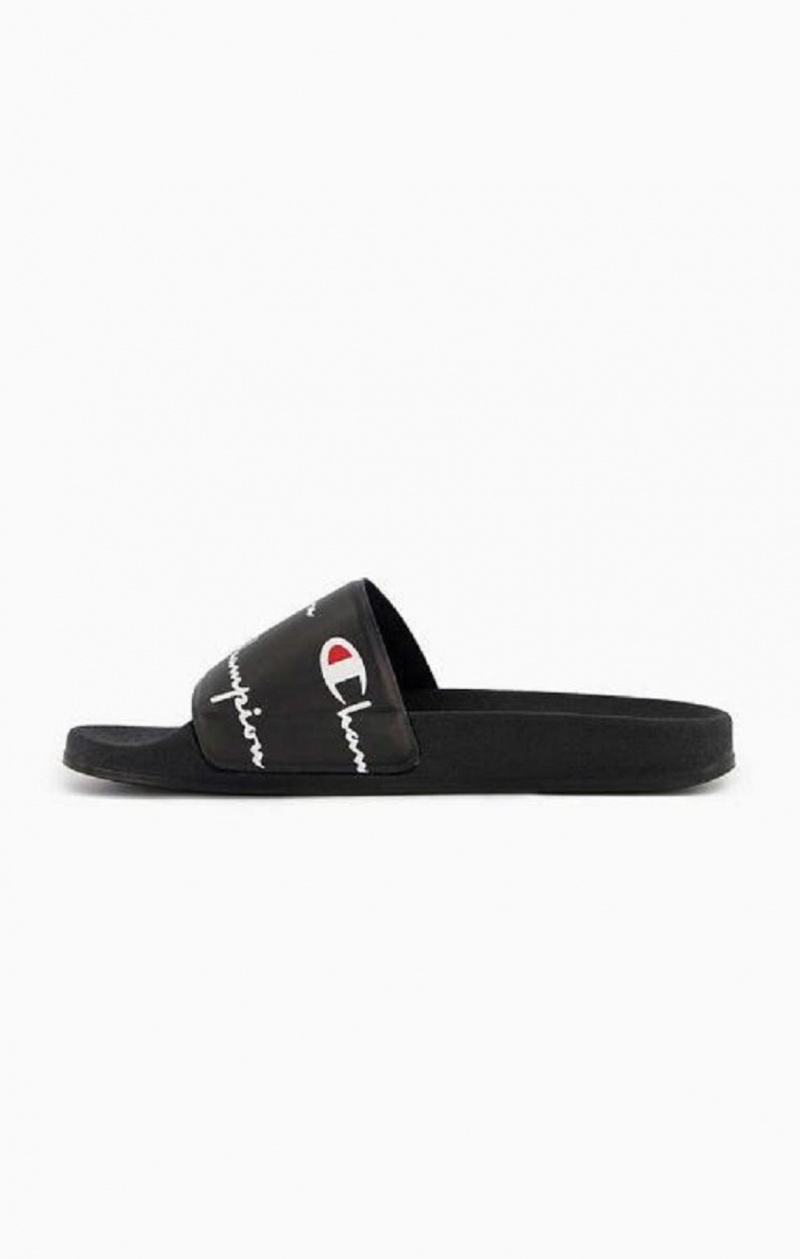 Champion Repeat Script Logo Print Pool Slides Badtofflor Herr Svarta | 0426-IZYDM