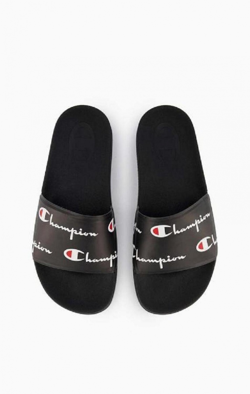 Champion Repeat Script Logo Print Pool Slides Badtofflor Herr Svarta | 0426-IZYDM