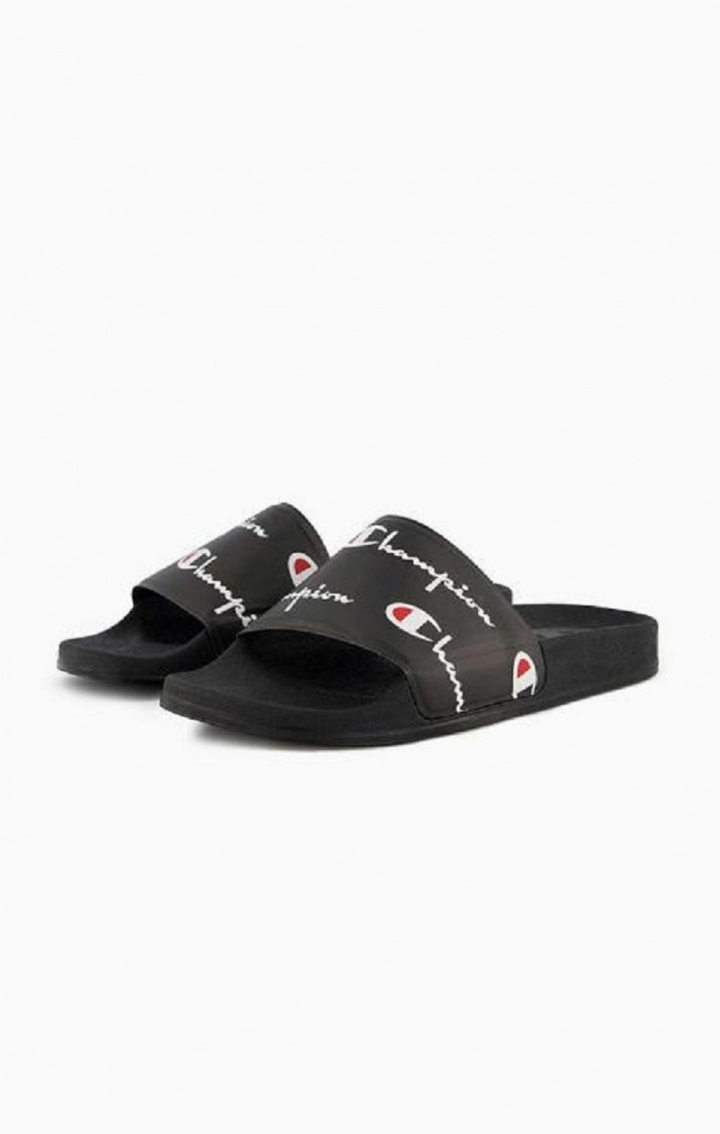 Champion Repeat Script Logo Print Pool Slides Badtofflor Herr Svarta | 0426-IZYDM