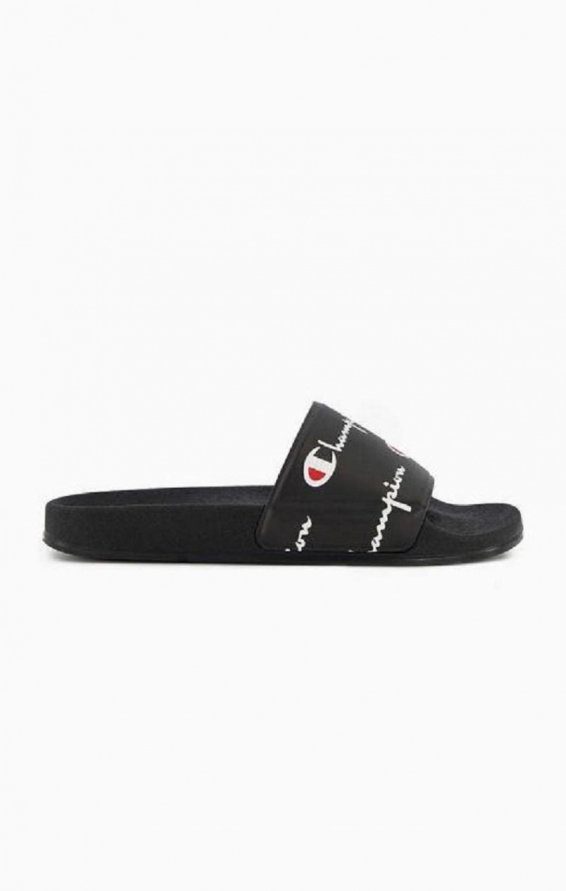 Champion Repeat Script Logo Print Pool Slides Badtofflor Herr Svarta | 0426-IZYDM