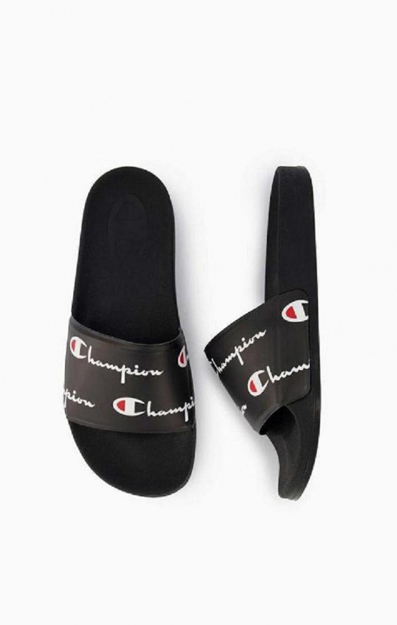 Champion Repeat Script Logo Print Pool Slides Badtofflor Dam Svarta | 2435-JRBDZ