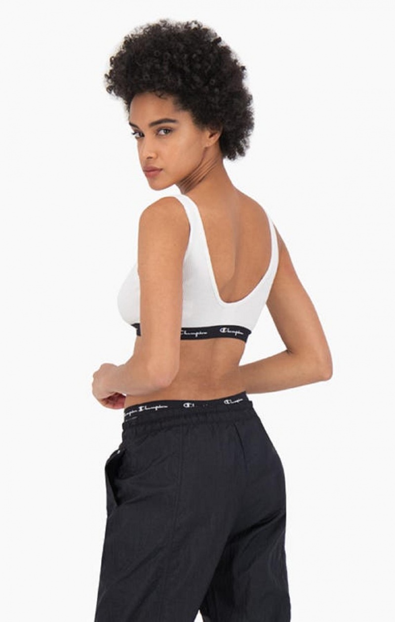 Champion Räfflad Bomull Logo Trim Bralette Badkläder Dam Vita | 2408-IFYBQ