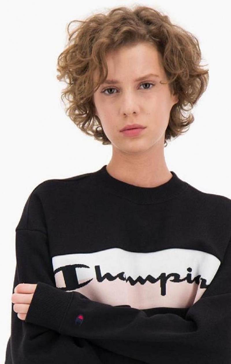 Champion Rib Insert Script Logo Bomull Terry Sweatshirt Tröjor Dam Svarta | 8679-AGMKL