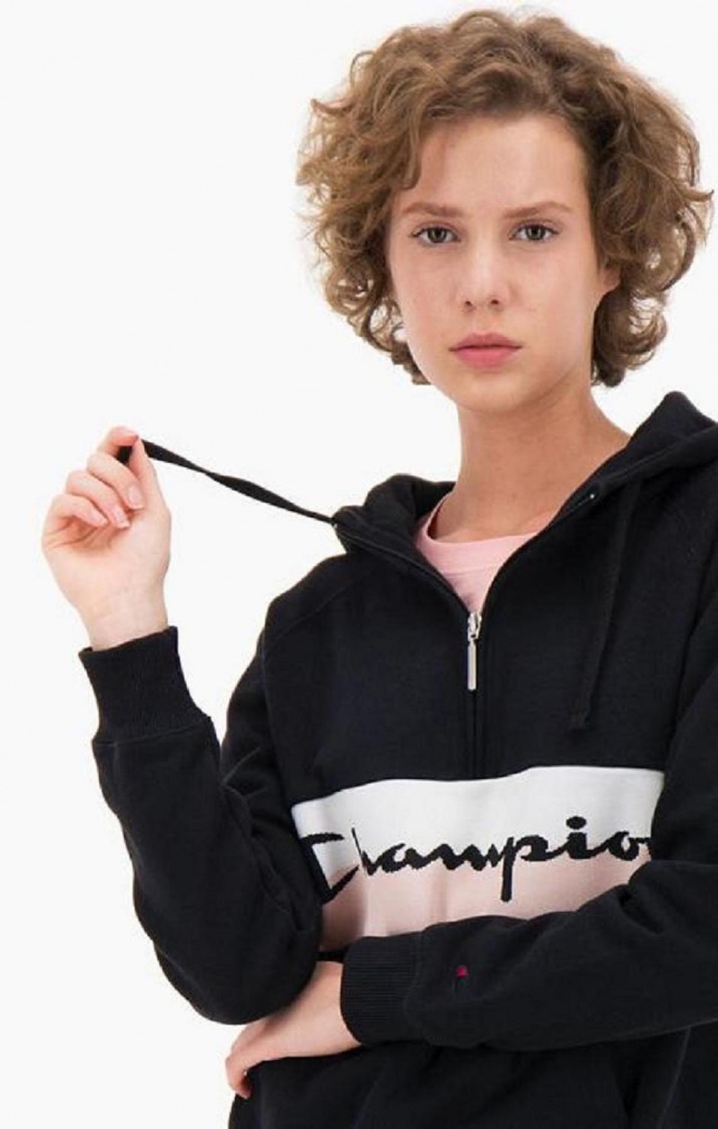 Champion Rib Insert Script Logo Half Zip-Up Hoodie Hoodie Dam Svarta | 2436-DRBQX