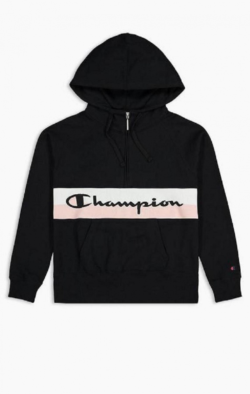 Champion Rib Insert Script Logo Half Zip-Up Hoodie Hoodie Dam Svarta | 2436-DRBQX