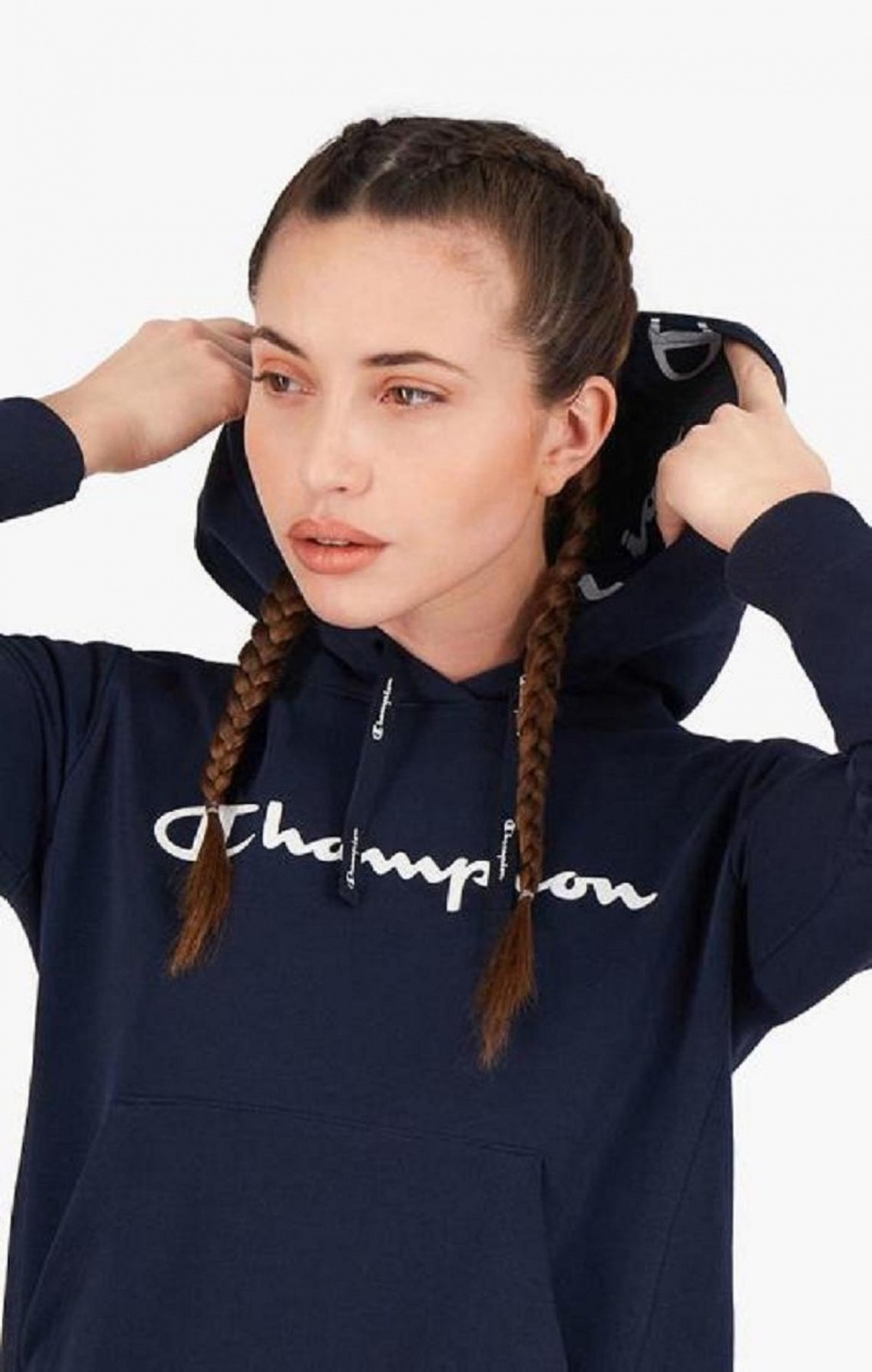 Champion Rubber Script Logo Hoodie Hoodie Dam Mörkblå | 2381-IAPWH