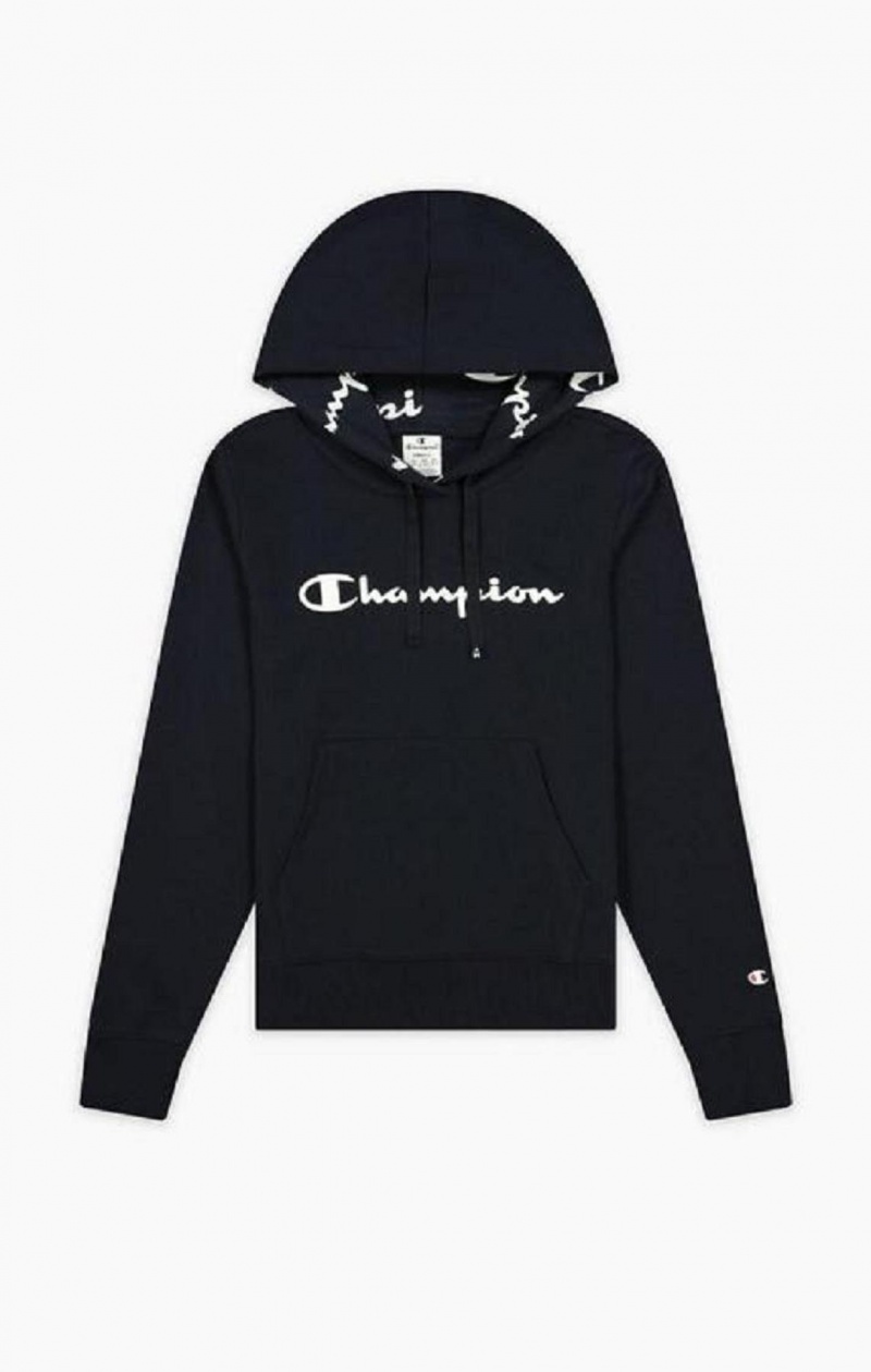 Champion Rubber Script Logo Hoodie Hoodie Dam Mörkblå | 2381-IAPWH