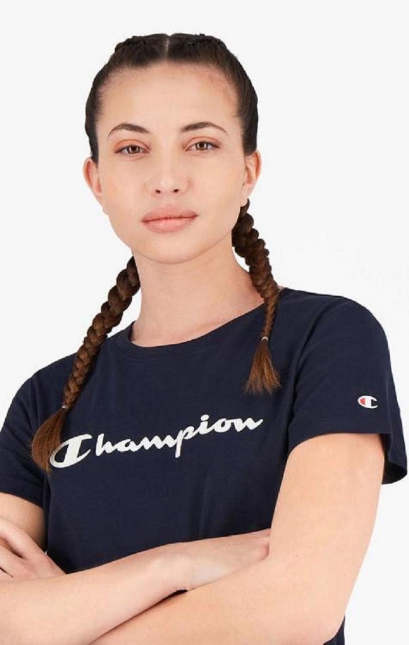 Champion Rubber Script Logo T-Shirt Klänning Klänning Dam Mörkblå | 7498-BGPTX