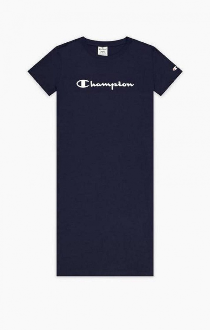 Champion Rubber Script Logo T-Shirt Klänning Klänning Dam Mörkblå | 7498-BGPTX