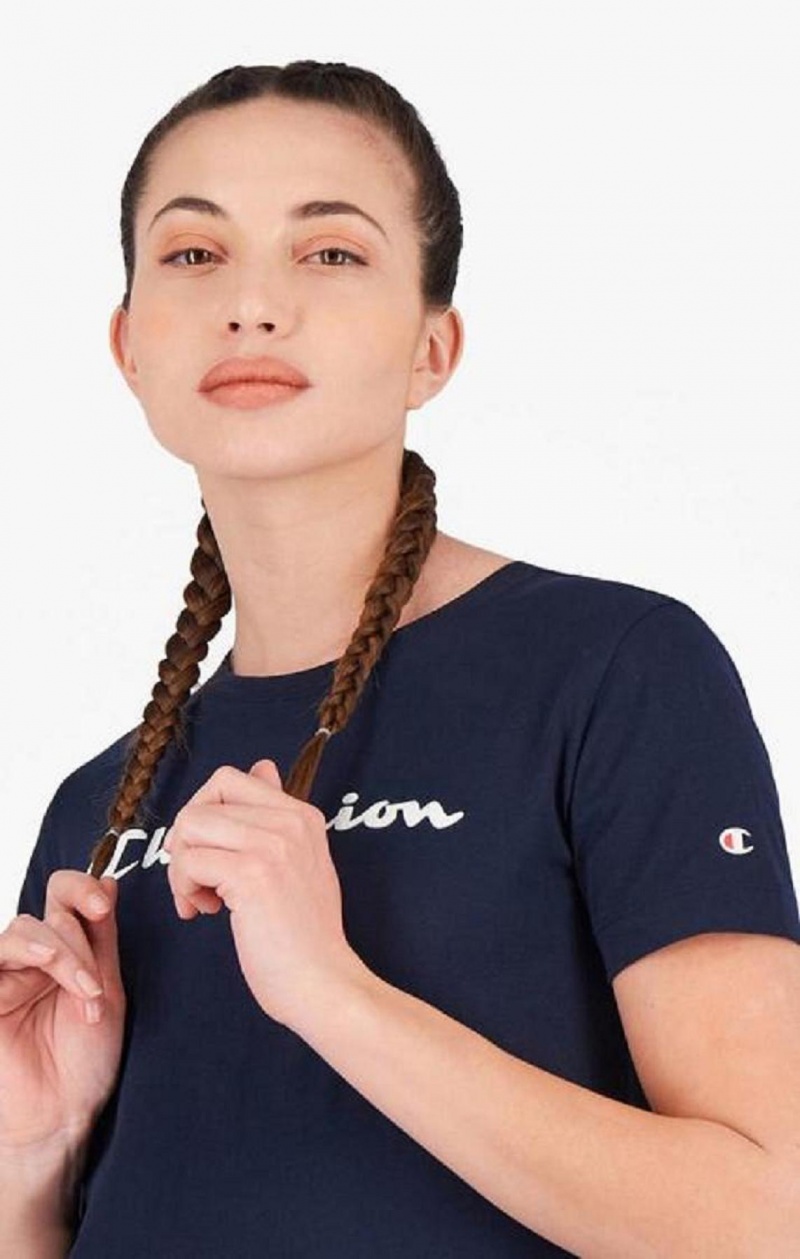 Champion Rubber Script Logo T-Shirt T-shirt Dam Mörkblå | 7504-AVFHL