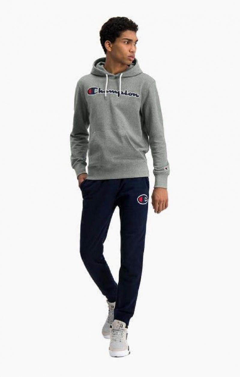 Champion Satin Script Logo Bomull Terry Hoodie Hoodie Herr Mörkgrå | 6180-CDPFG