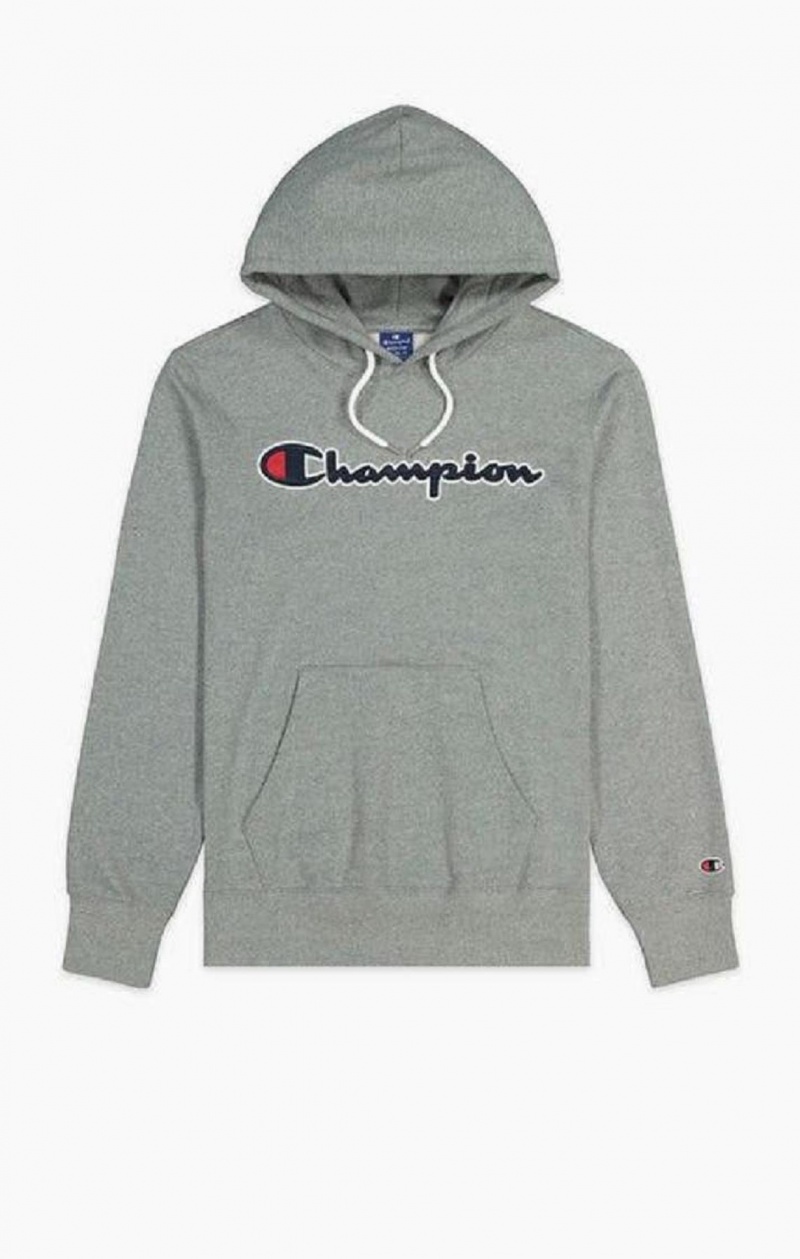 Champion Satin Script Logo Bomull Terry Hoodie Hoodie Herr Mörkgrå | 6180-CDPFG