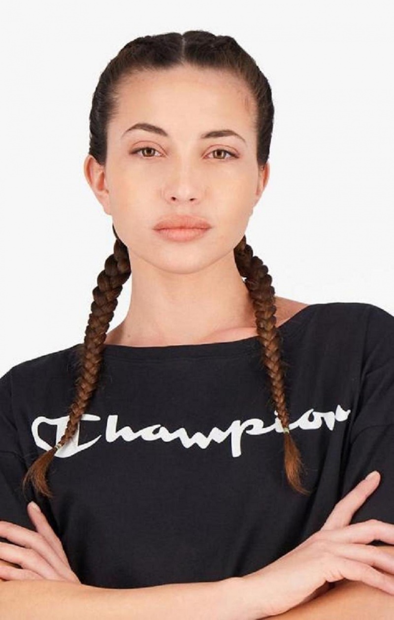 Champion Script Logo Cropped T-Shirt T-shirt Dam Svarta | 3910-EMZHA