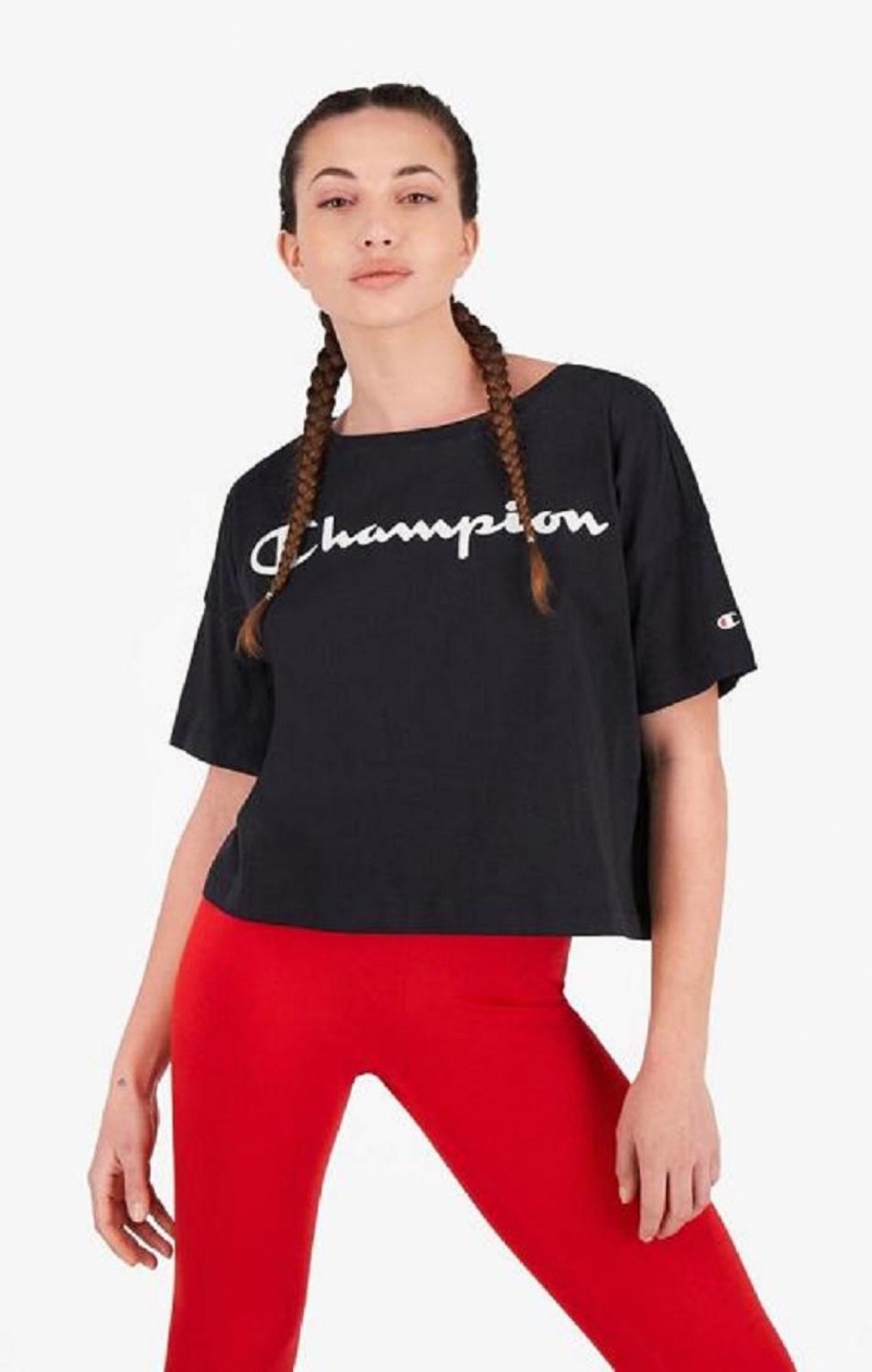 Champion Script Logo Cropped T-Shirt T-shirt Dam Svarta | 3910-EMZHA