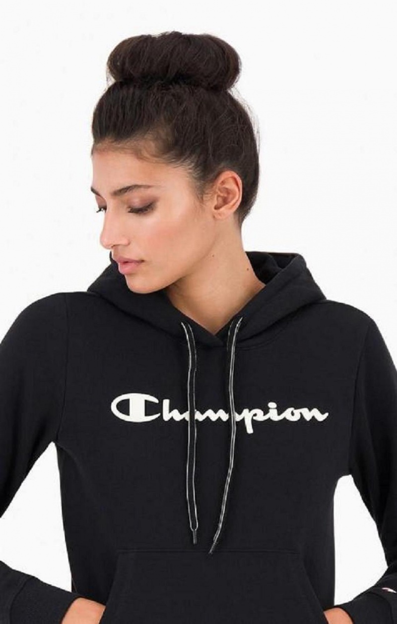 Champion Script Logo Fleece Hoodie Hoodie Dam Svarta | 1325-QUFER