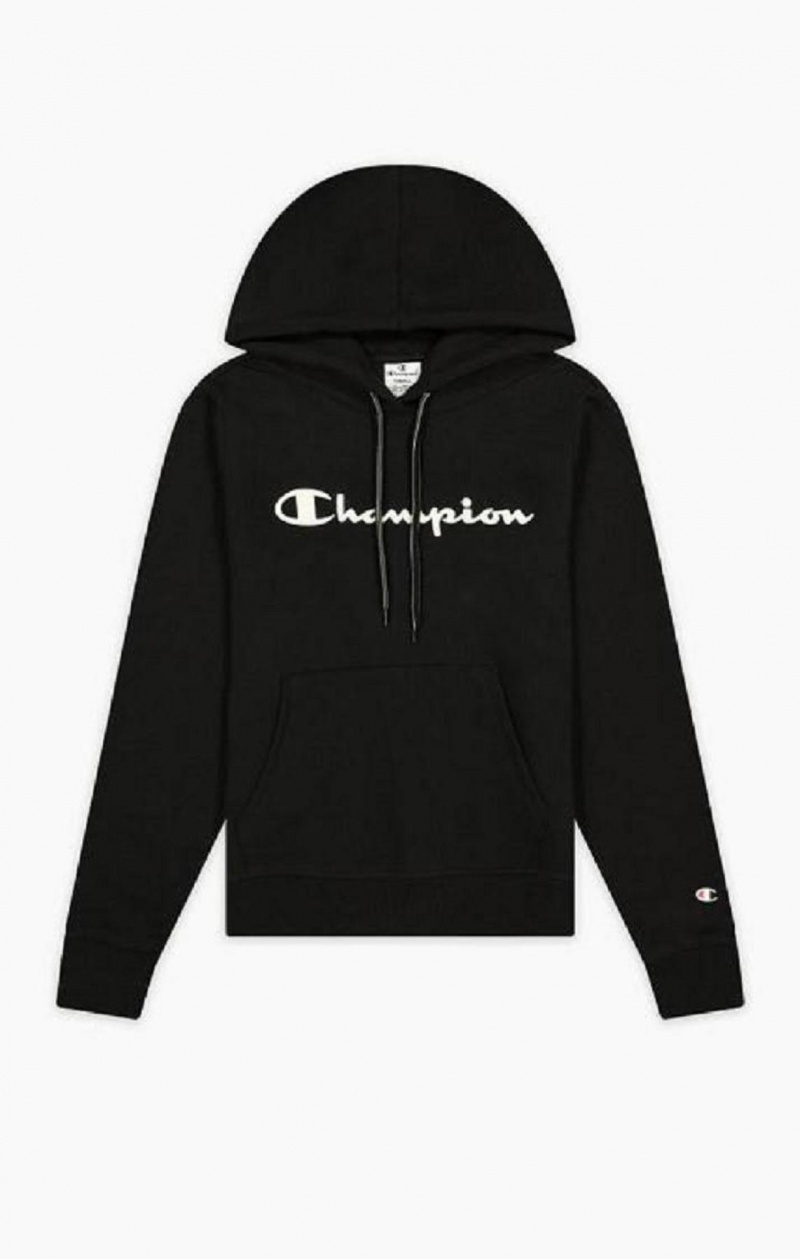 Champion Script Logo Fleece Hoodie Hoodie Dam Svarta | 1325-QUFER