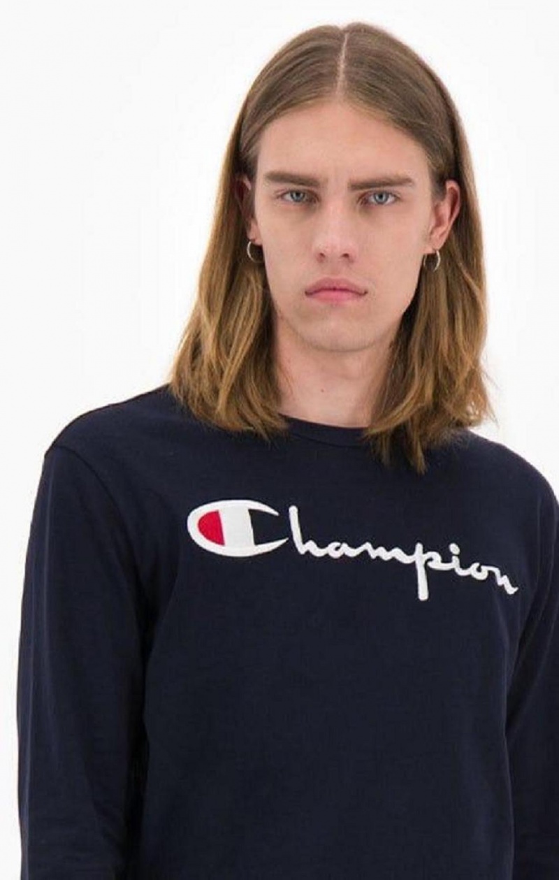 Champion Script Logo Jersey Sweatshirt Tröjor Herr Mörkblå | 3269-ZPCUG