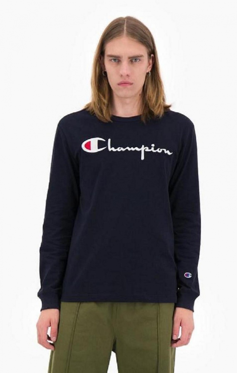 Champion Script Logo Jersey Sweatshirt Tröjor Herr Mörkblå | 3269-ZPCUG