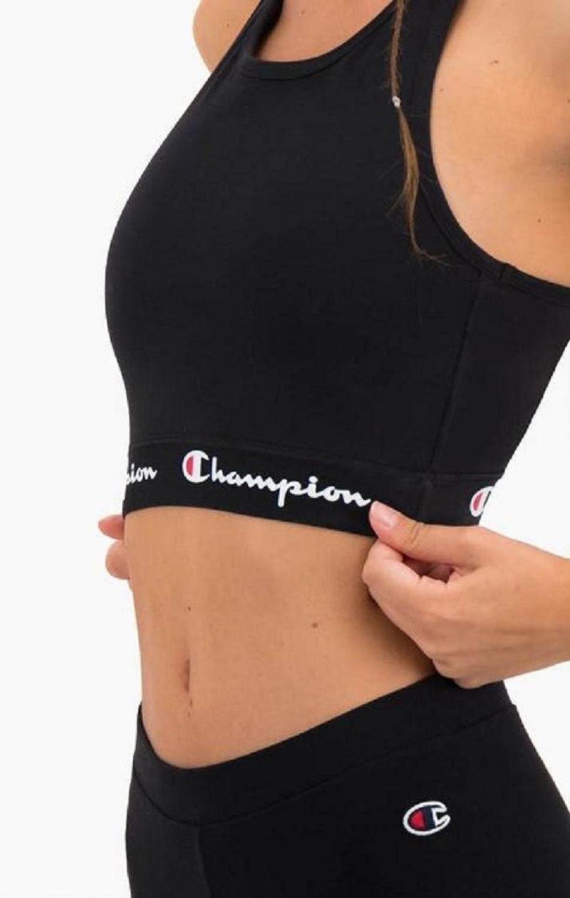 Champion Script Logo Midja Racer Back Sports Bra Sport BH Dam Svarta | 1706-VUCHG