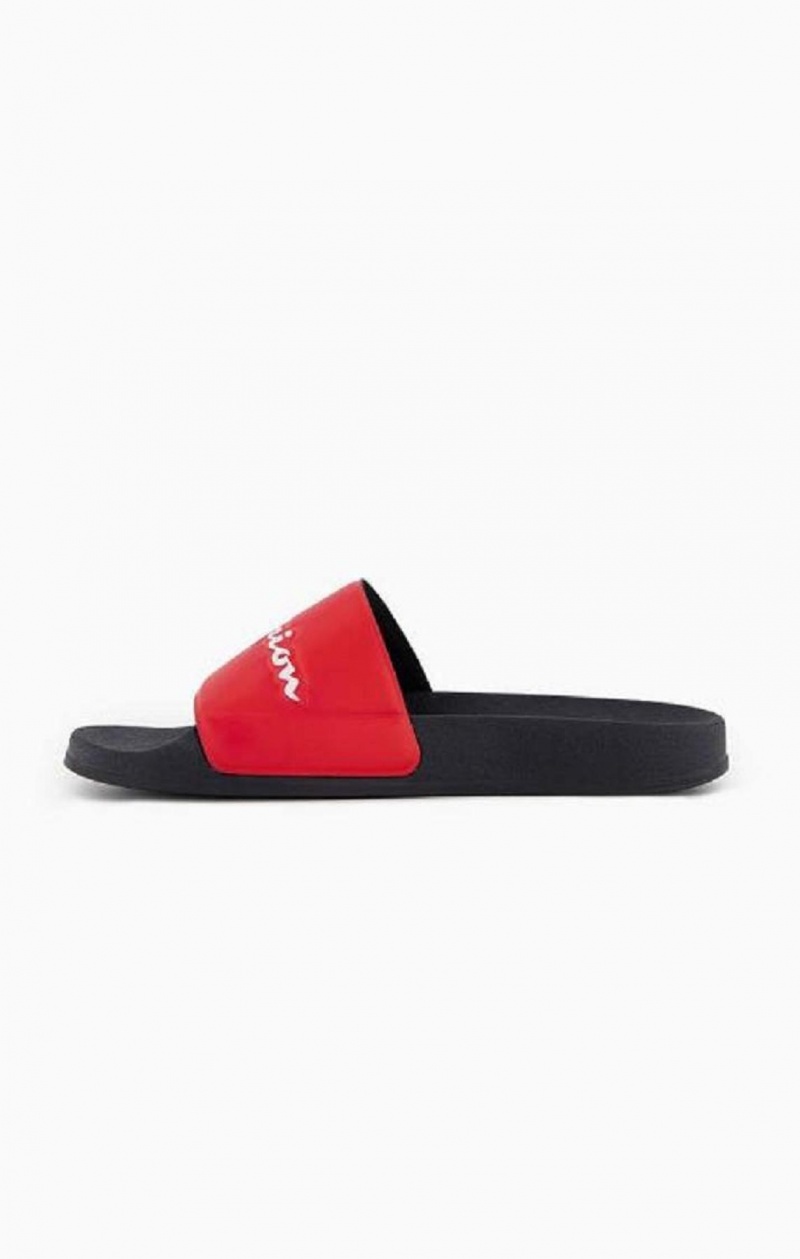 Champion Script Logo Pool Slides Badtofflor Herr Röda Svarta | 6745-KUNOV