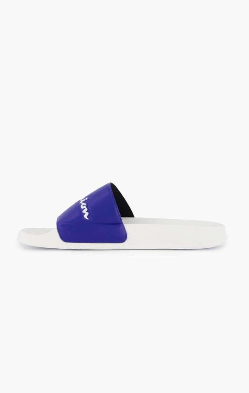 Champion Script Logo Pool Slides Badtofflor Herr Vita Blå | 6092-VNYCP