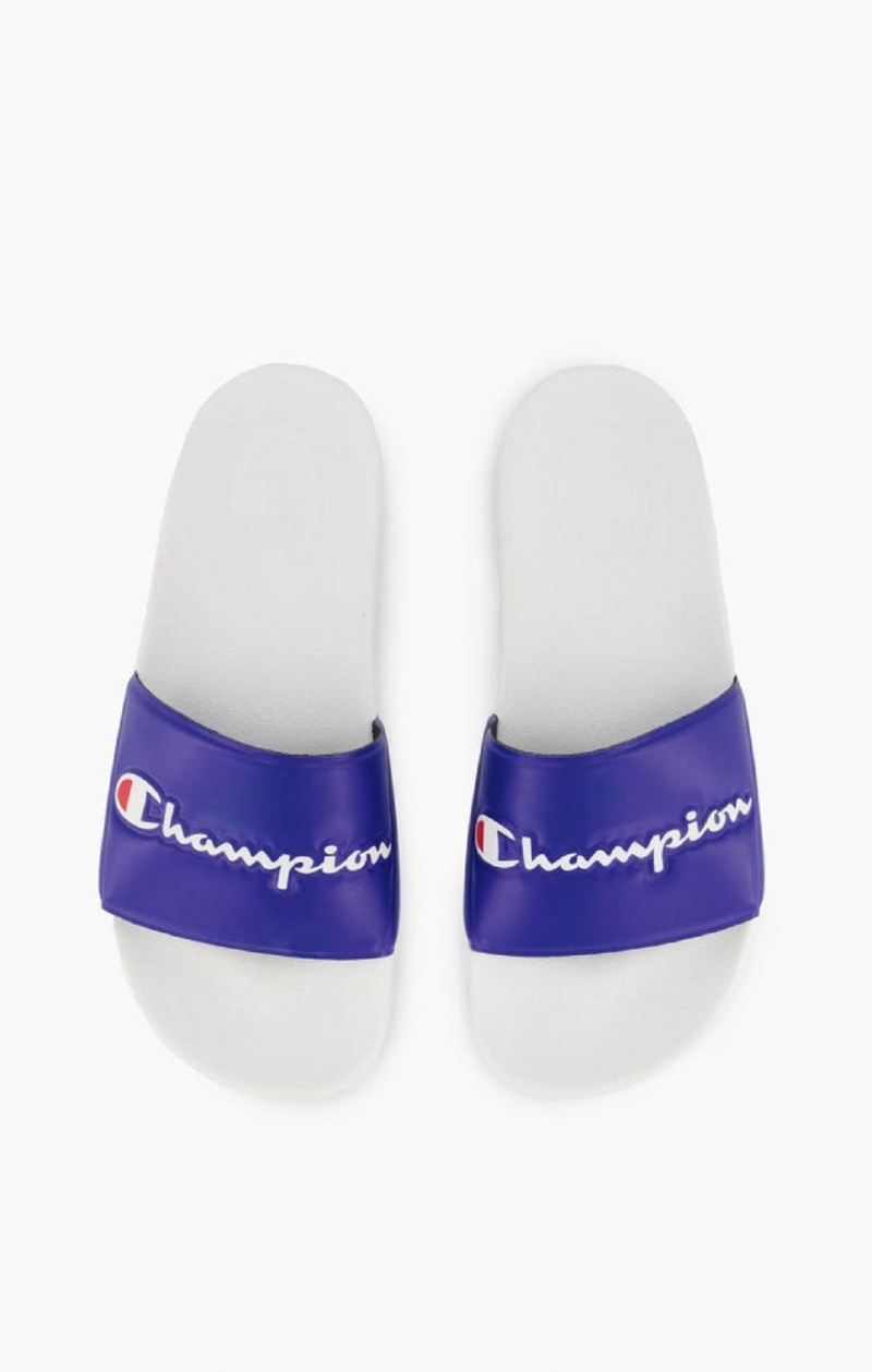 Champion Script Logo Pool Slides Badtofflor Herr Vita Blå | 6092-VNYCP