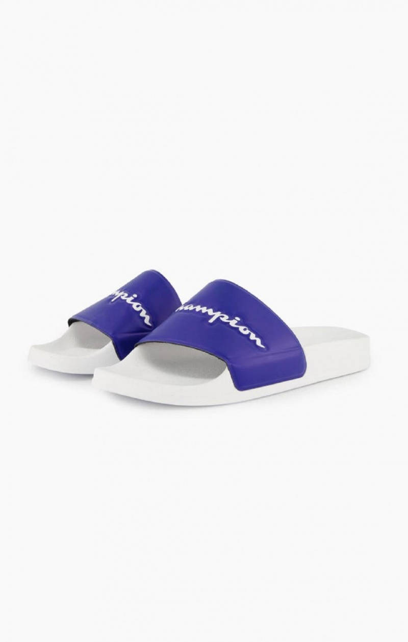 Champion Script Logo Pool Slides Badtofflor Herr Vita Blå | 6092-VNYCP