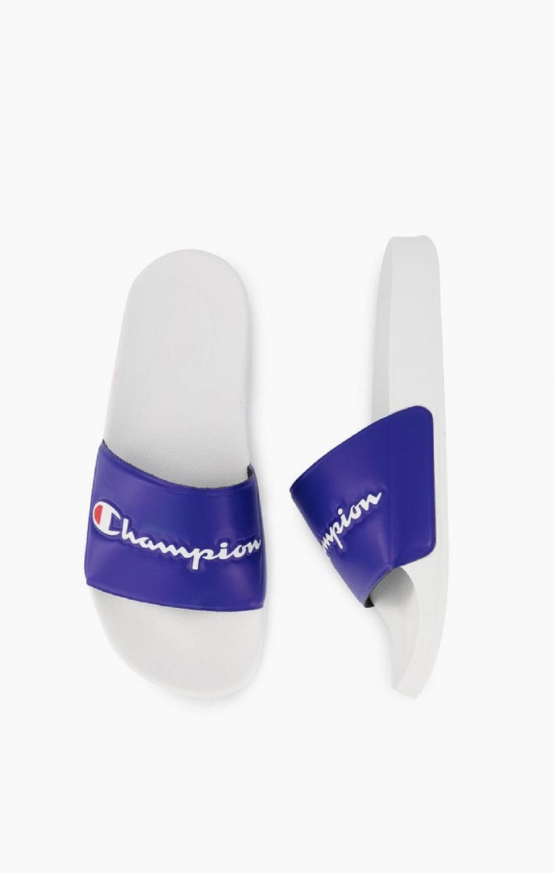 Champion Script Logo Pool Slides Badtofflor Herr Vita Blå | 6092-VNYCP