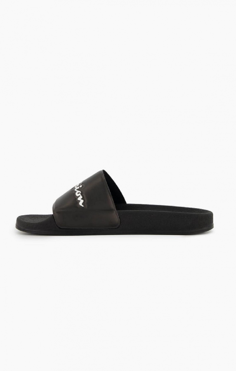 Champion Script Logo Pool Slides Badtofflor Dam Svarta | 7480-CLBKH