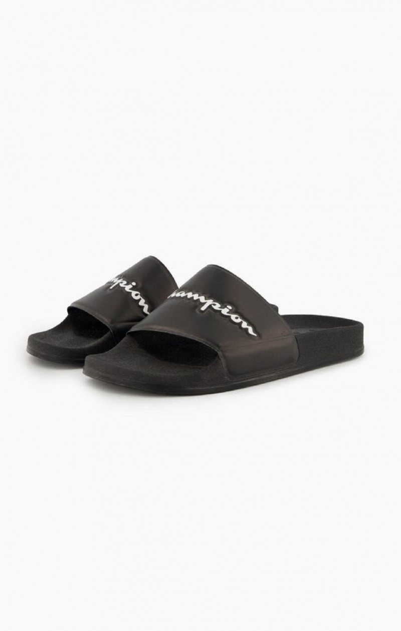 Champion Script Logo Pool Slides Badtofflor Dam Svarta | 7480-CLBKH