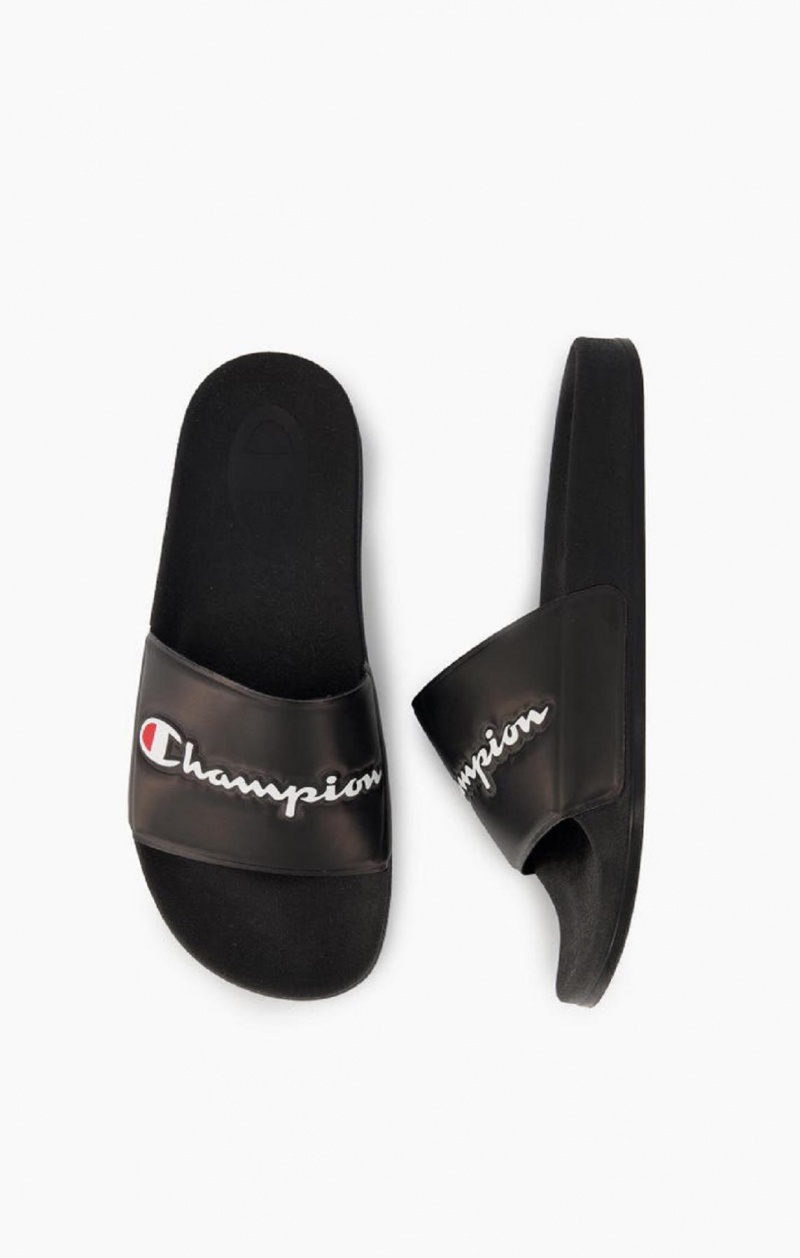 Champion Script Logo Pool Slides Badtofflor Dam Svarta | 7480-CLBKH