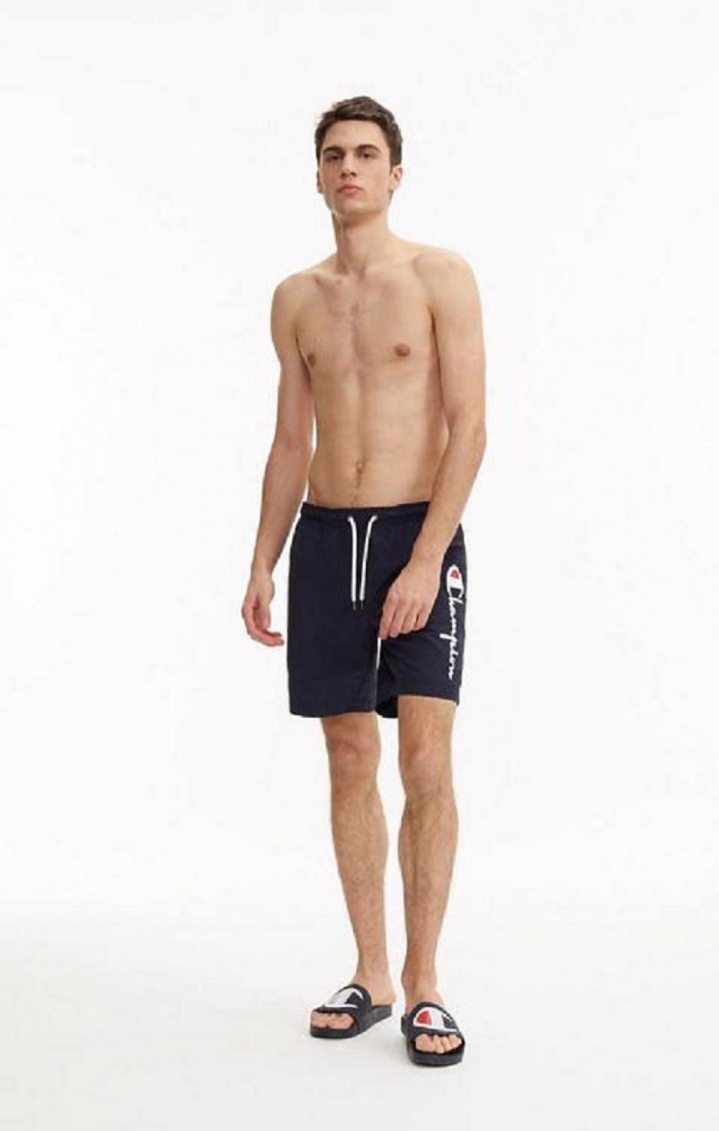 Champion Script Logo Print Board Shorts Badkläder Herr Mörkblå | 3740-VFJUL