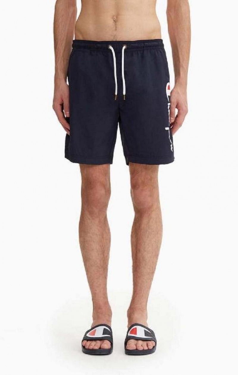 Champion Script Logo Print Board Shorts Badkläder Herr Mörkblå | 3740-VFJUL