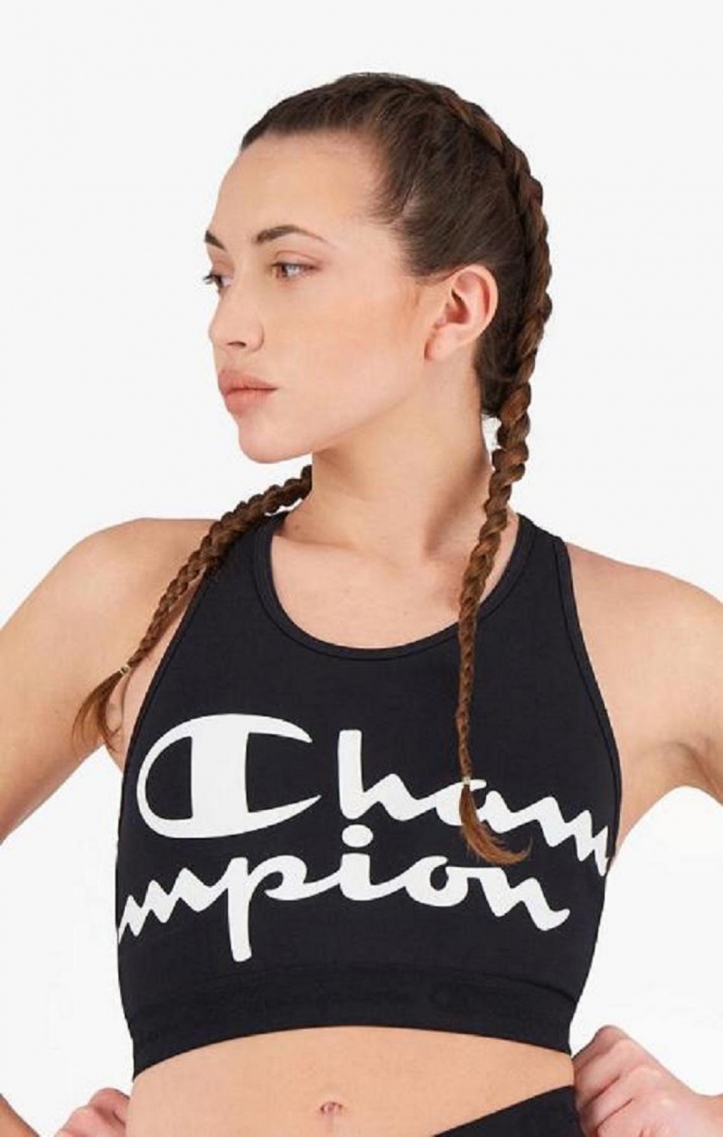 Champion Script Logo Print Racer Back Sports Bra Sport BH Dam Svarta | 3051-ZICTJ