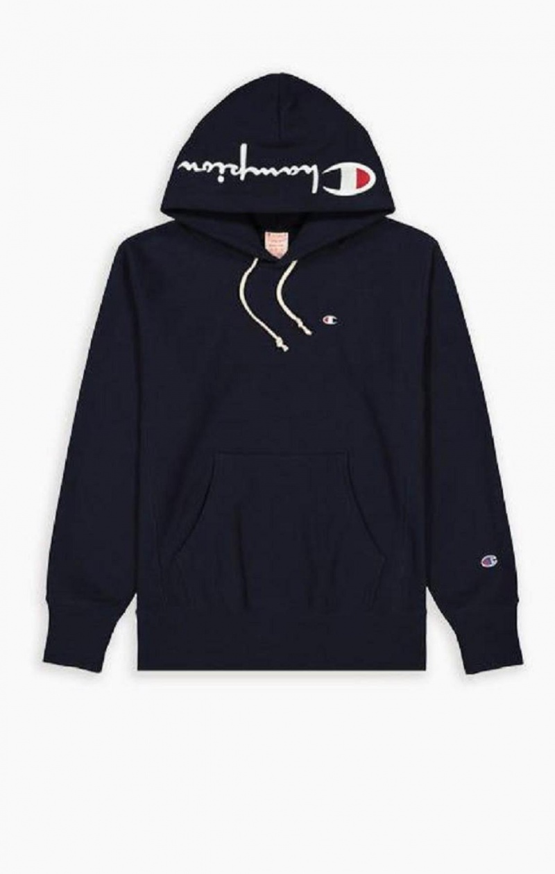 Champion Script Logo Reverse Weave Hoodie Hoodie Herr Mörkblå | 0947-YPDBN