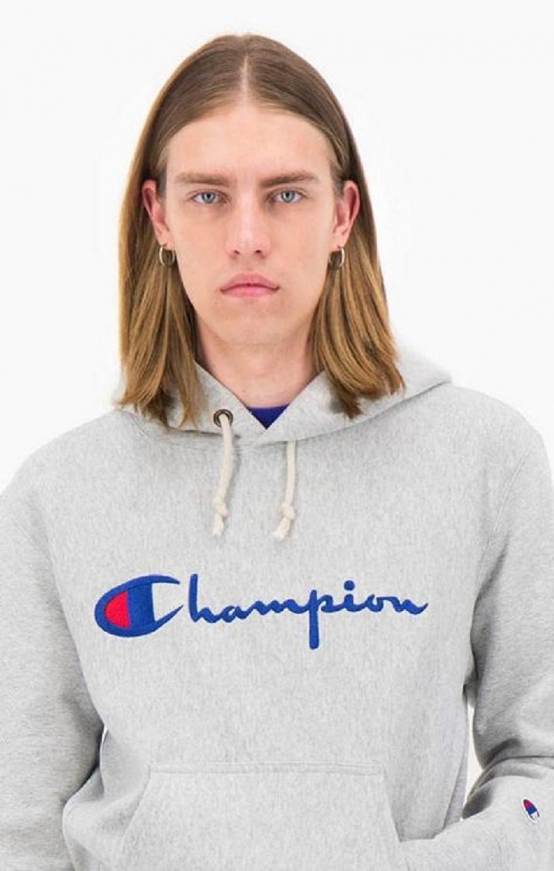 Champion Script Logo Reverse Weave Hoodie Hoodie Herr Ljusgrå | 5287-YJZKI