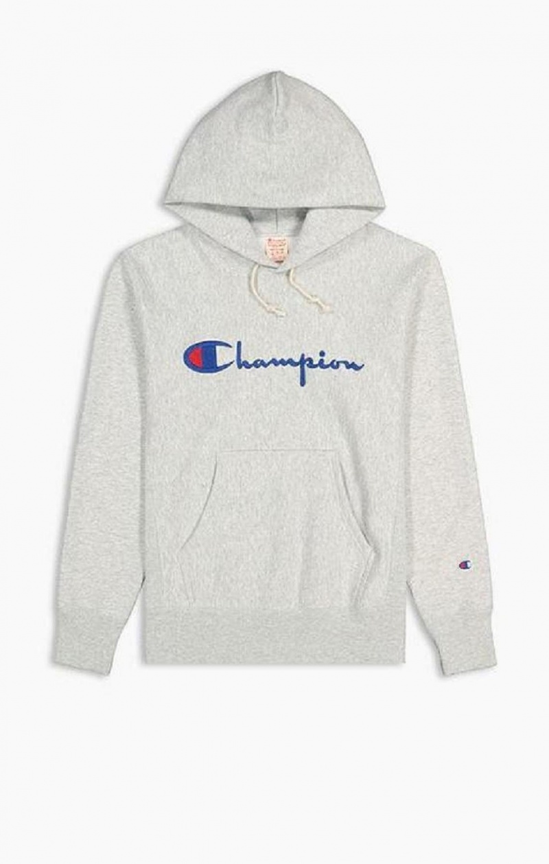 Champion Script Logo Reverse Weave Hoodie Hoodie Herr Ljusgrå | 5287-YJZKI