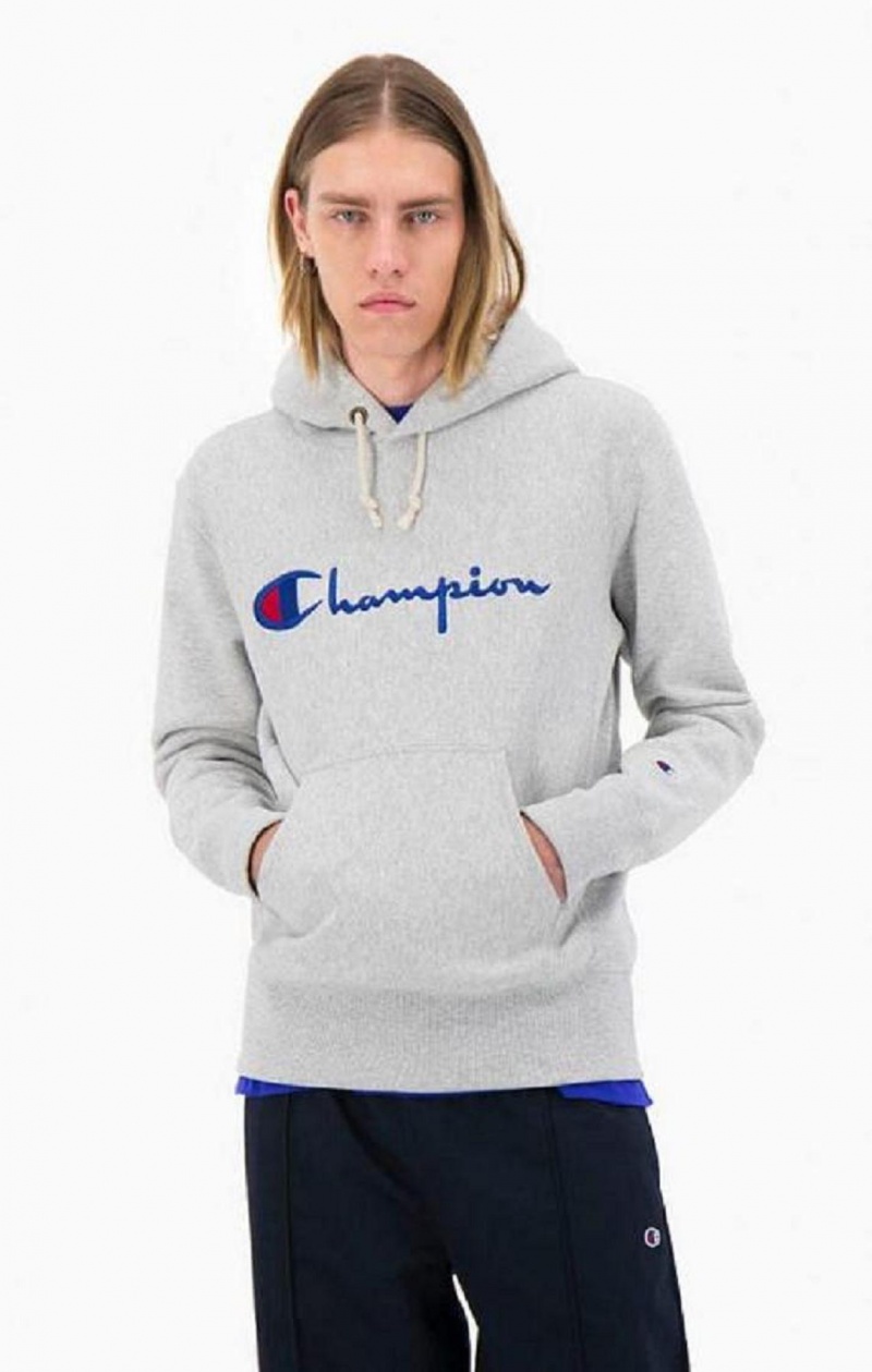 Champion Script Logo Reverse Weave Hoodie Hoodie Herr Ljusgrå | 5287-YJZKI