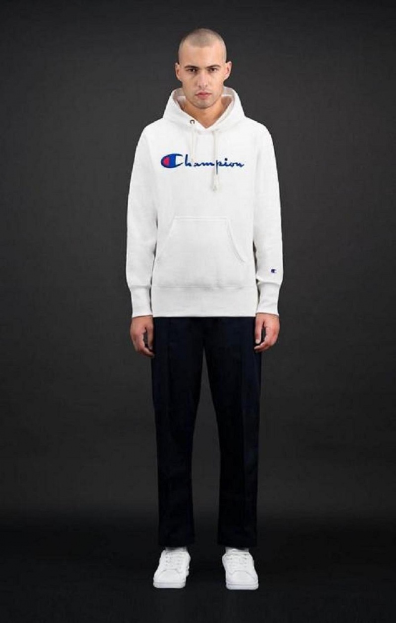 Champion Script Logo Reverse Weave Hoodie Hoodie Herr Vita | 7904-KBQIU