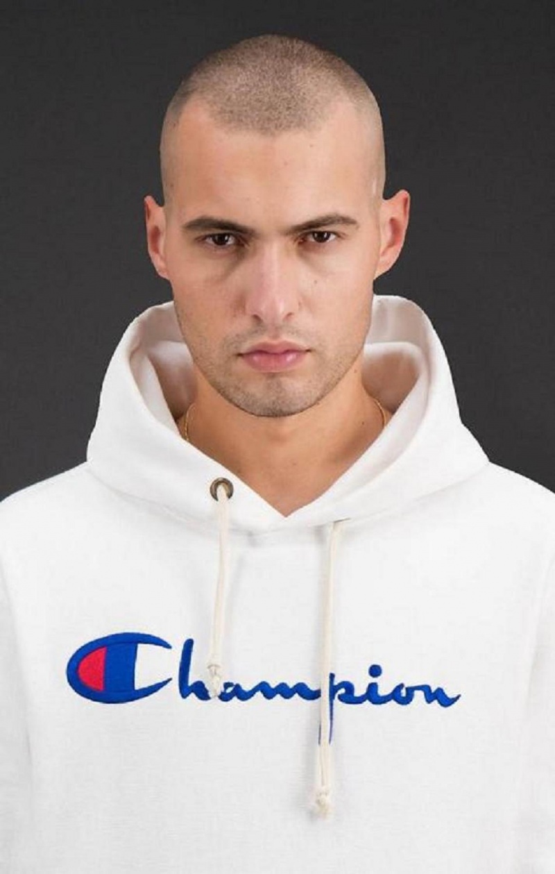 Champion Script Logo Reverse Weave Hoodie Hoodie Herr Vita | 7904-KBQIU