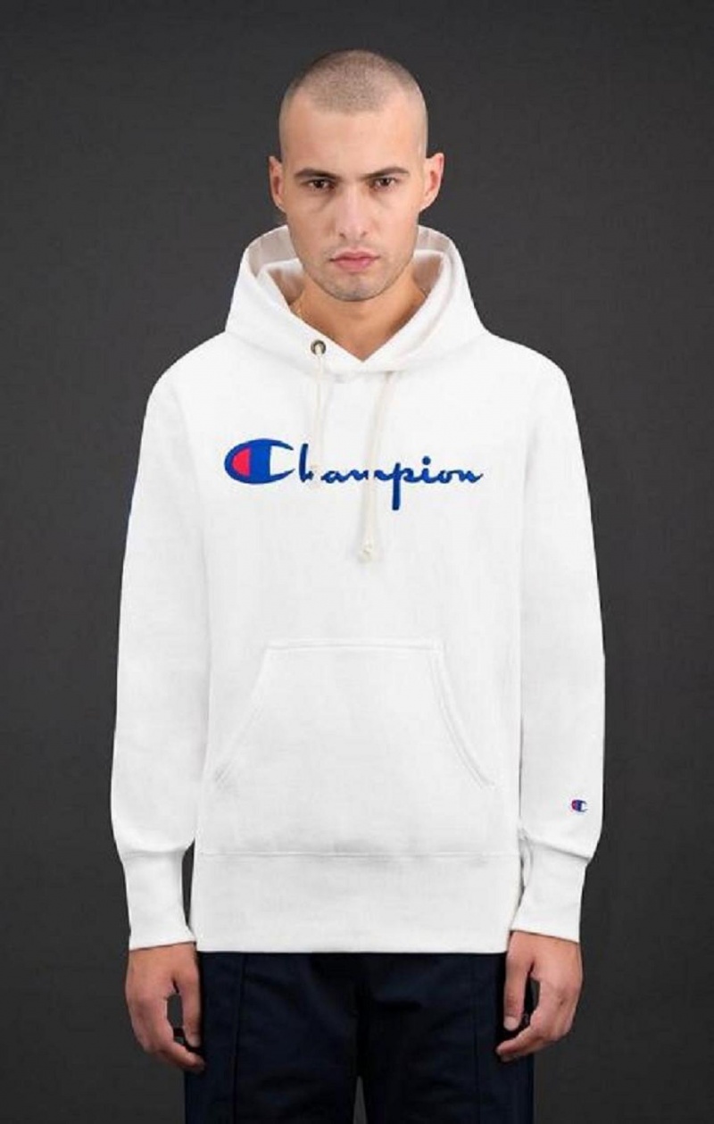 Champion Script Logo Reverse Weave Hoodie Hoodie Herr Vita | 7904-KBQIU