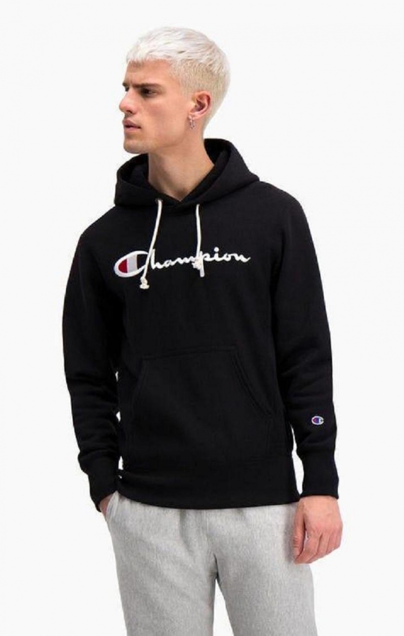 Champion Script Logo Reverse Weave Hoodie Hoodie Herr Svarta | 0381-FZJKA