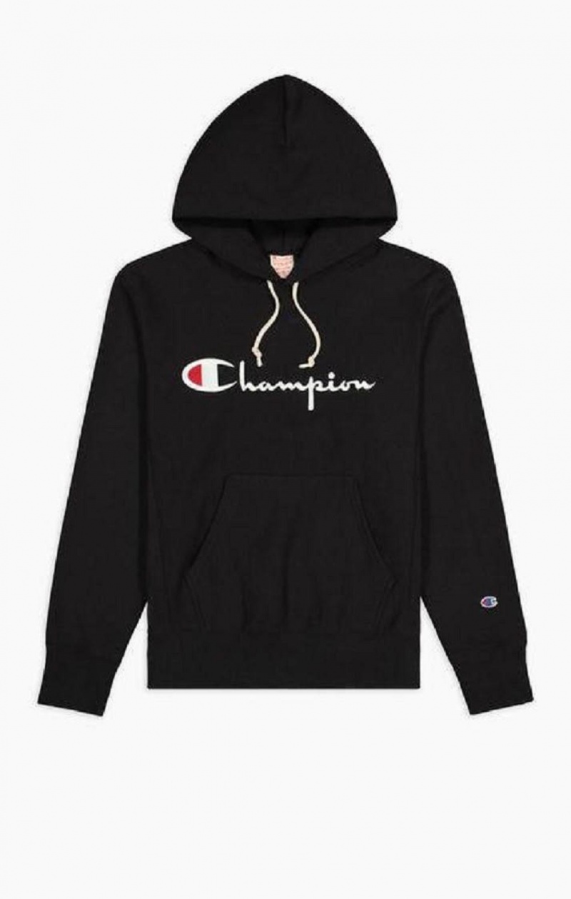 Champion Script Logo Reverse Weave Hoodie Hoodie Herr Svarta | 0381-FZJKA