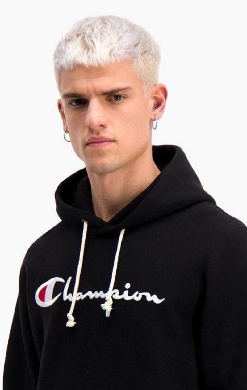 Champion Script Logo Reverse Weave Hoodie Hoodie Herr Svarta | 0381-FZJKA