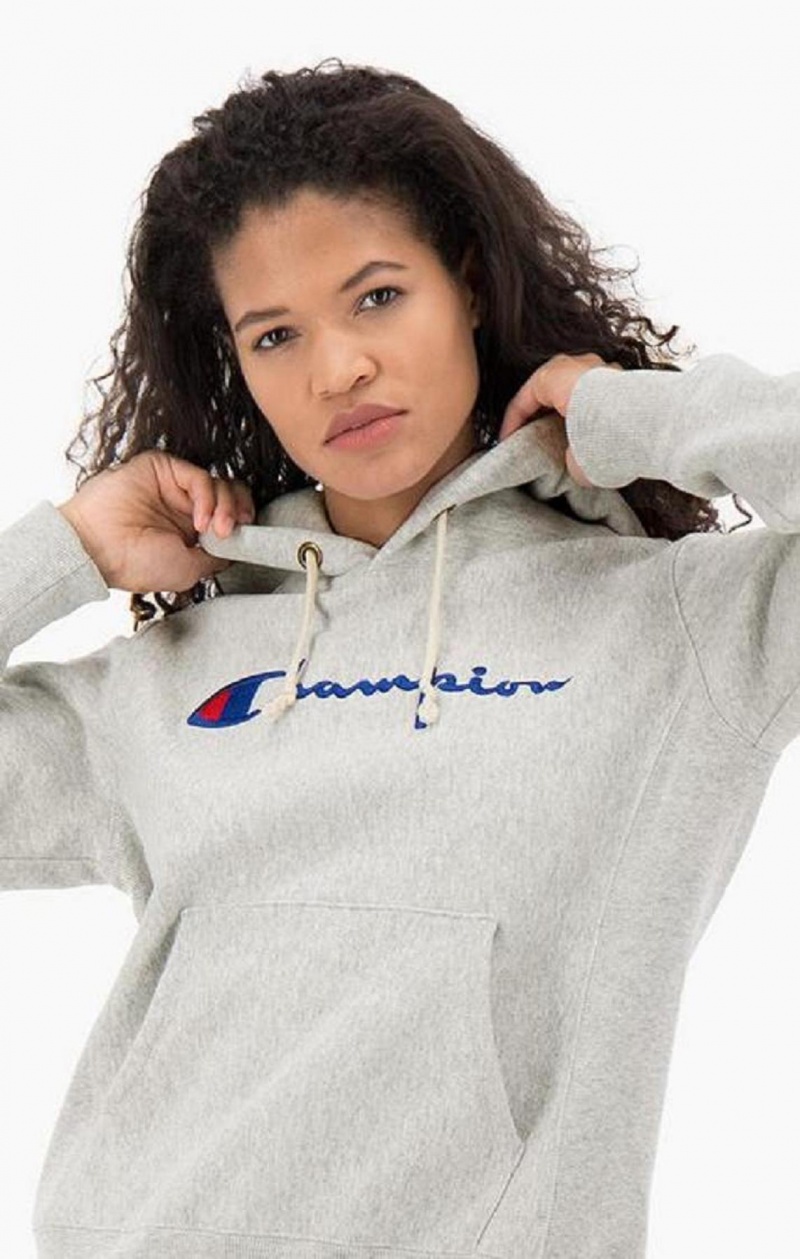 Champion Script Logo Reverse Weave Hoodie Hoodie Dam Mörkgrå | 7901-TMXRN