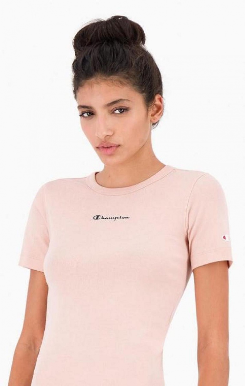 Champion Script Logo Räfflad Bomull T-Shirt T-shirt Dam Rosa | 3029-JDPVG