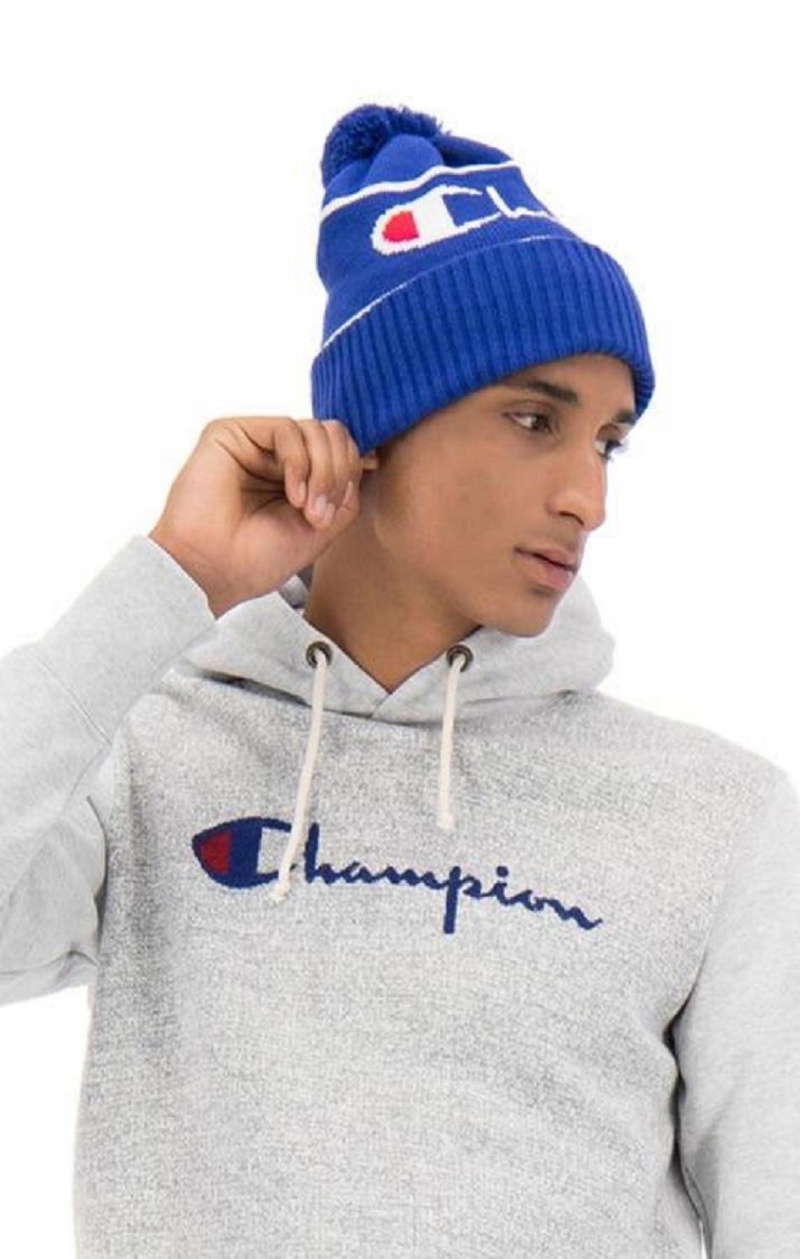 Champion Script Logo Stripe Bobble Beanie Hat Hatt Herr Blå | 0185-TLPKD