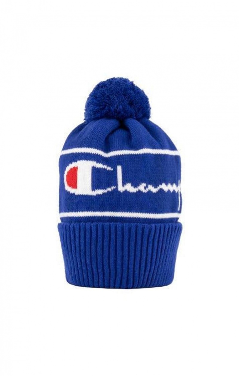 Champion Script Logo Stripe Bobble Beanie Hat Hatt Herr Blå | 0185-TLPKD